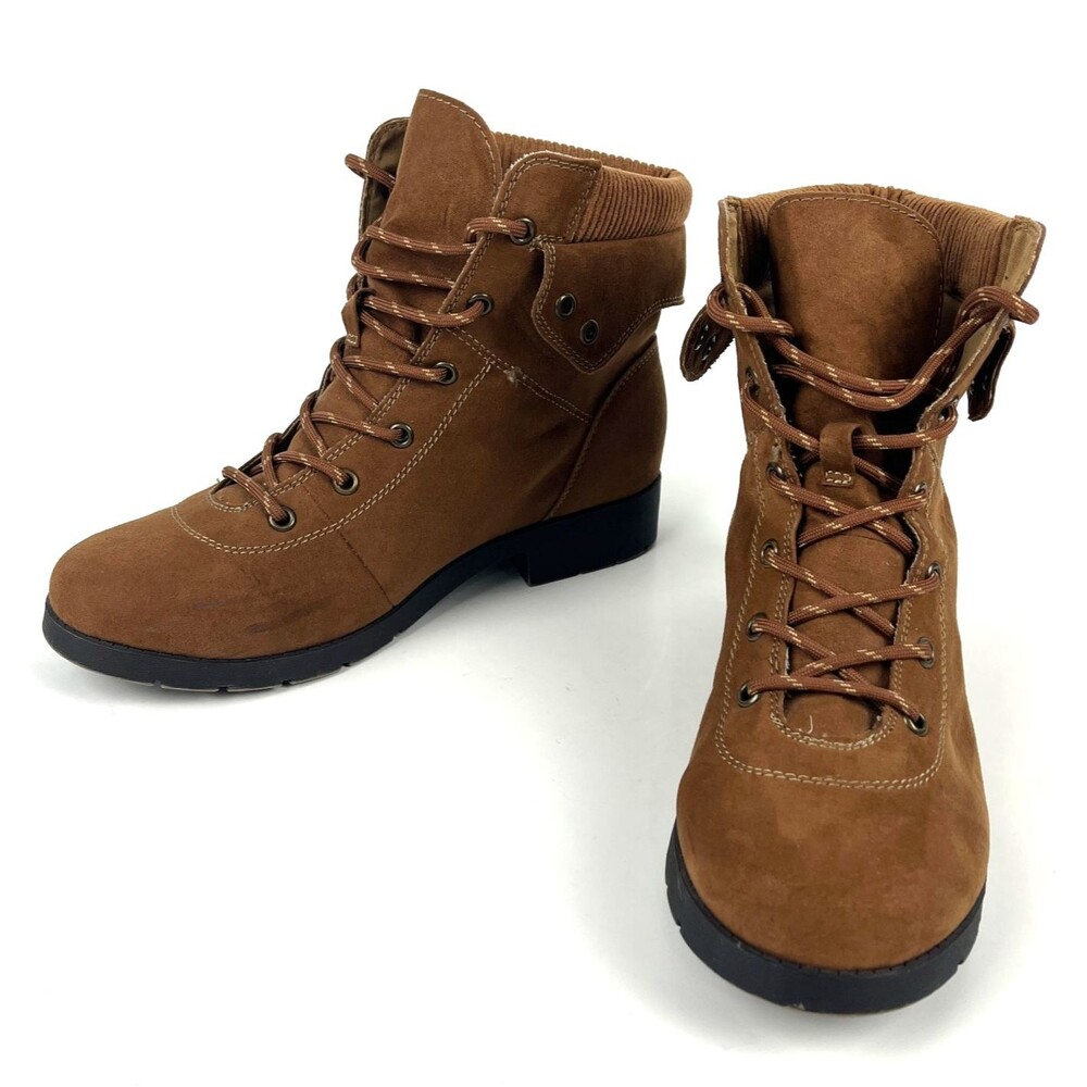 Brown Faux Suede Ankle Boots Womens SZ 9.5 Lace Up Memory foam Gorpcore Hiking